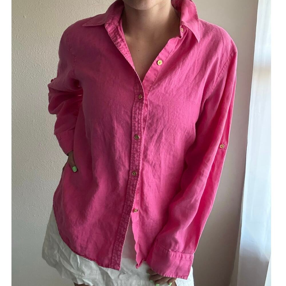 Chaps 100% Linen hot pink Button Up vacation resort preppy coastal summer beach